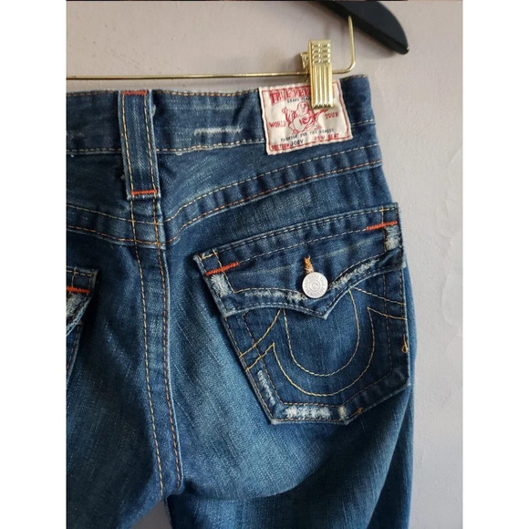 True Religion Jeans Womens Size 28 Blue Bobby Bell Bottom Distressed 100% Cotton - Picture 6 of 10